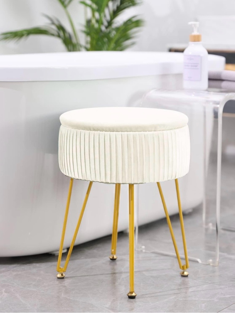 Cream Velvet Round Vanity Stool/Ottoman with Gold Legs